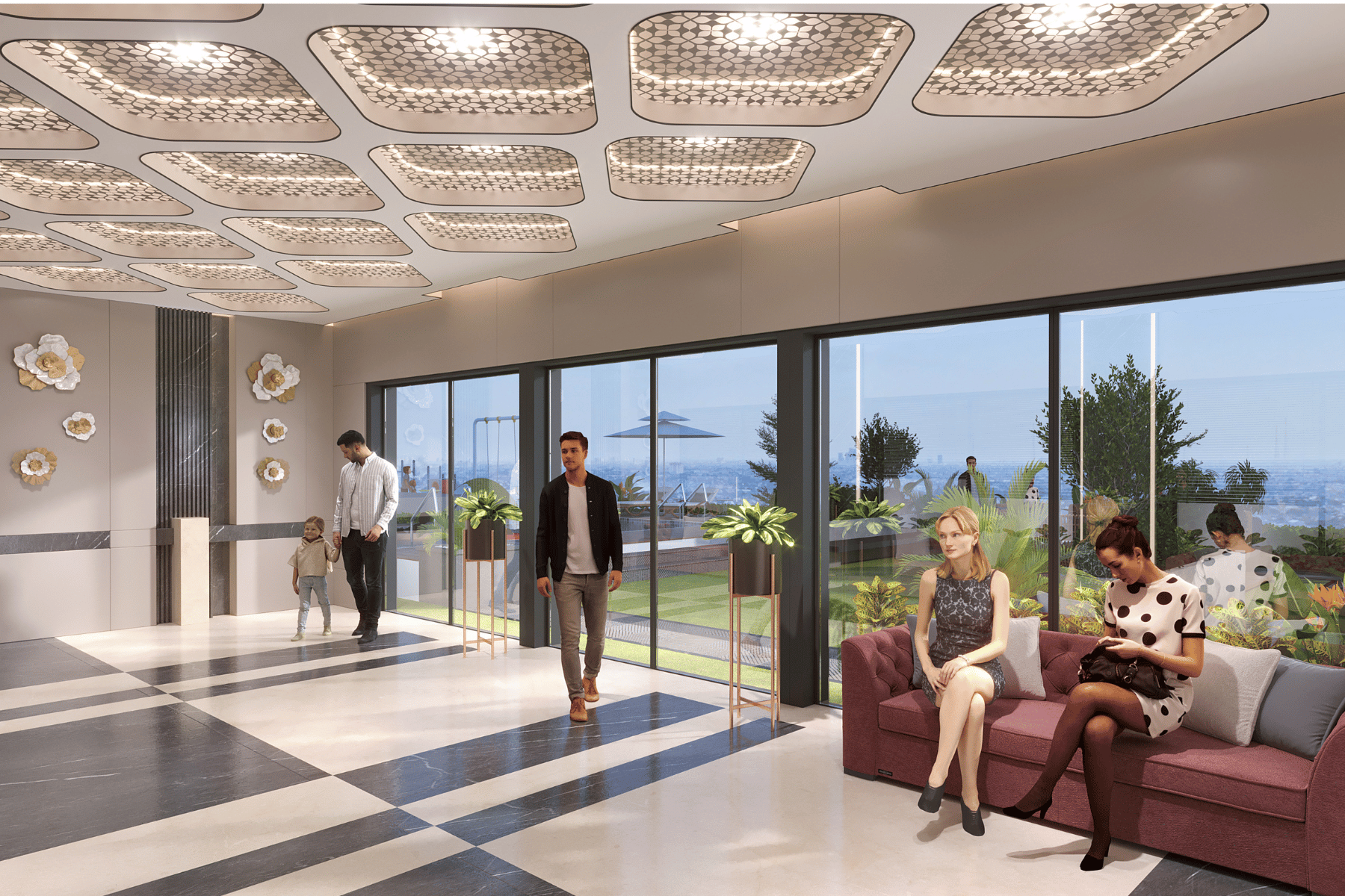 Spacious living room with skyline balcony