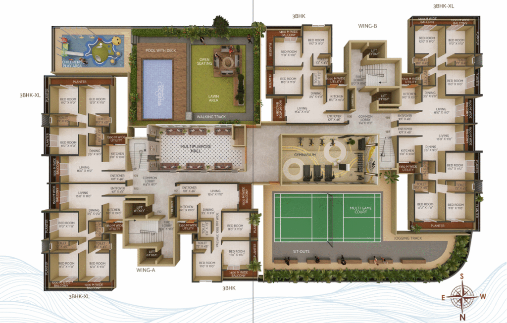 Luxury high-rise facade at dusk